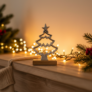 Metal open-frame Christmas tree ornament on a wooden base with star on top, styled in a warm festive scene with soft golden fairy lights