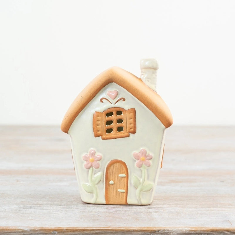 Pastel green fairy house tealight holder 13.7cm – front view