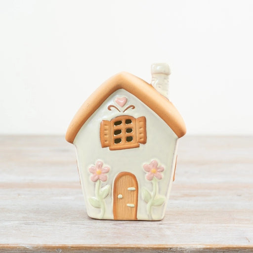 Pastel green fairy house tealight holder 13.7cm – front view