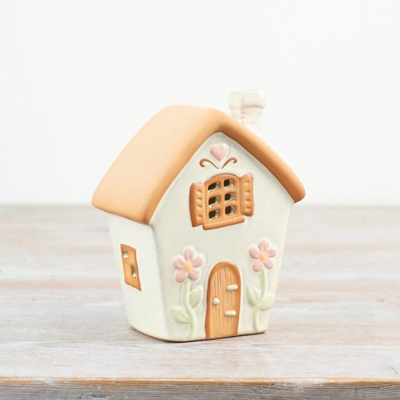 Pastel green fairy house tealight holder 13.7cm – side view