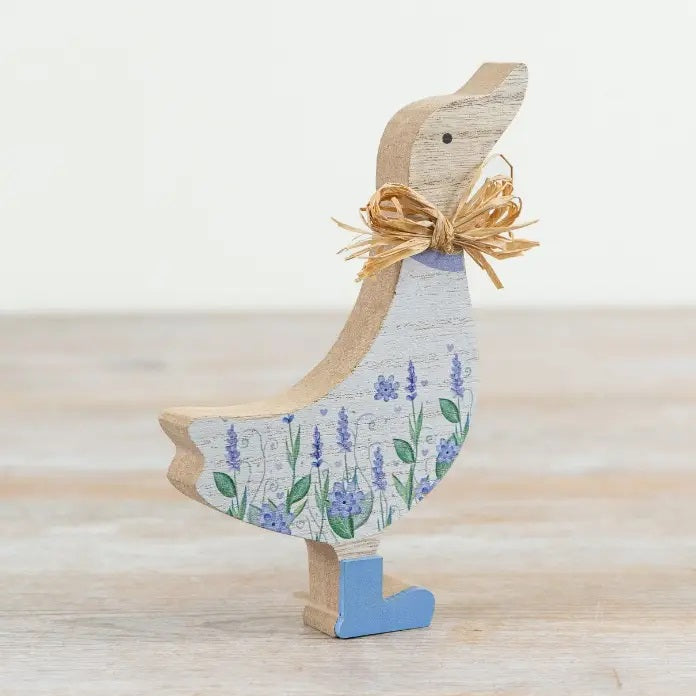 Blue wooden duck with flower decoration 15cm
