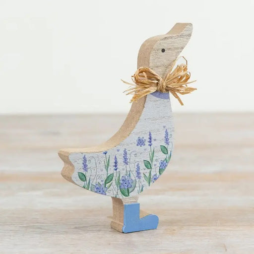 Blue wooden duck with flower decoration 15cm