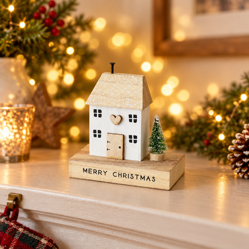 Merry Christmas quirky whitewashed wooden house decoration with heart detail and bottle brush tree, styled in a warm cosy festive scene with soft golden fairy lights