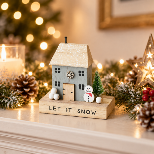 Let It Snow wooden house decoration with snowman and bottle brush tree, styled in a warm cosy festive scene with soft golden fairy lights
