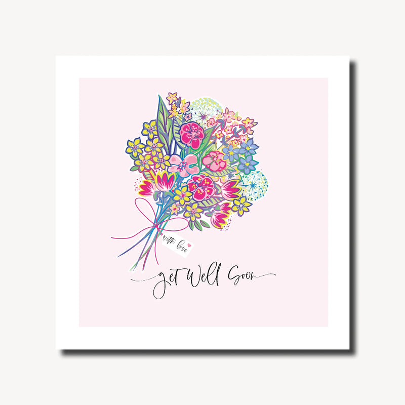 Get well soon card with a hand-drawn floral bouquet tied with a pink ribbon and a with love gift tag on a soft pink background, rainbow foil finish, 6.1 x 6.1 inches