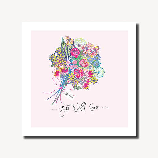 Get well soon card with a hand-drawn floral bouquet tied with a pink ribbon and a with love gift tag on a soft pink background, rainbow foil finish, 6.1 x 6.1 inches