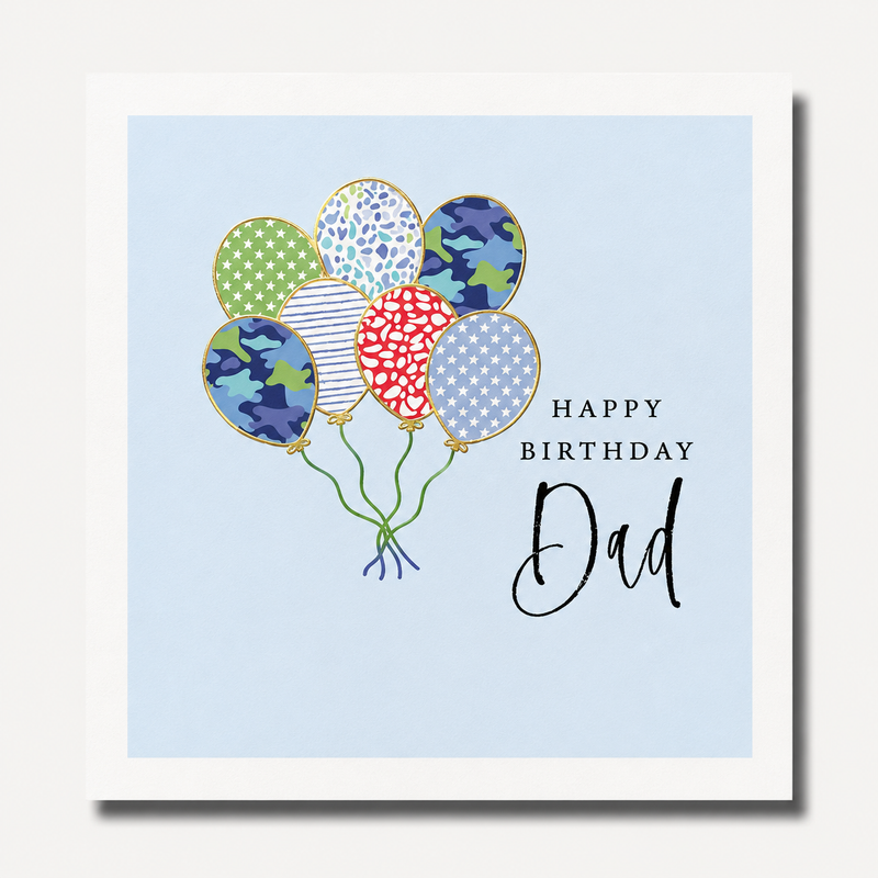 Happy birthday dad card featuring a bunch of boldly patterned balloons with gold outlines on a soft blue background, blank inside, square format 155 x 155mm