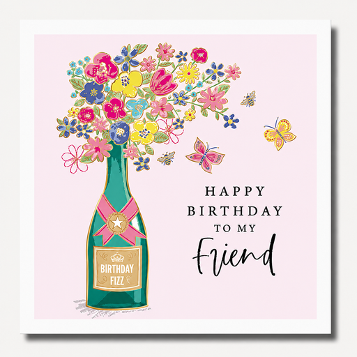 Happy birthday friend card featuring a champagne bottle overflowing with flowers and butterflies on a soft pink background, blank inside, square format 155 x 155mm