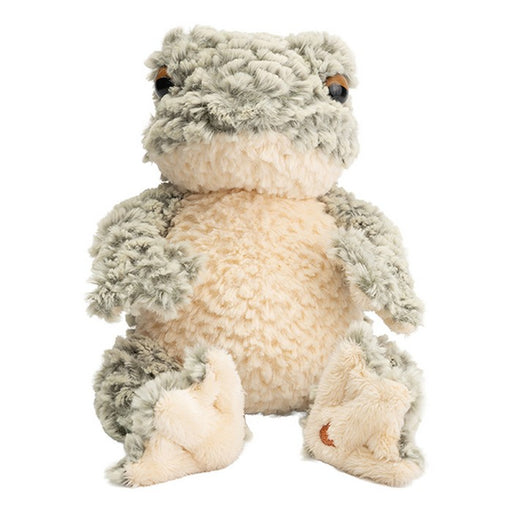 Wrendale Designs Elliott the Frog medium plush with textured sage green curly fur, fluffy cream tummy and big expressive dark eyes, sitting upright on a white background