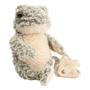 Wrendale Designs Elliott the Frog medium plush showing side profile with textured sage green fur and wren detail on foot, on a white background