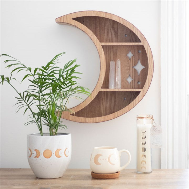 Wooden crescent moon wall shelf – lifestyle view