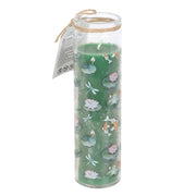 Pond Print Oriental Jasmine tube candle in glass jar with green twine bow and gift tag on a white background
