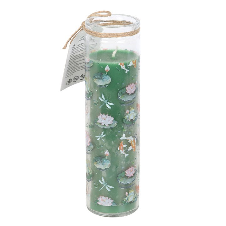 Pond Print Oriental Jasmine tube candle in glass jar with green twine bow and gift tag on a white background
