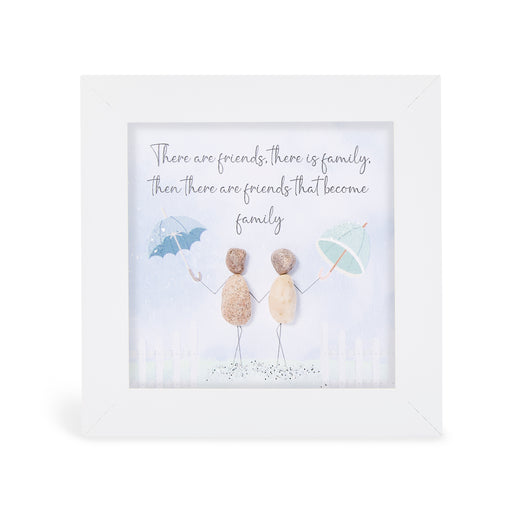 "There are friends, there is family, then there are friends that become family" glitter mini plaque, white frame with two pebble figures holding hands, each raising a pastel umbrella above a sparkling glitter ground

