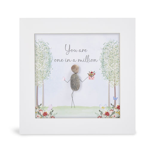 "You are one in a million" glitter mini plaque, white frame with a pebble figure holding a bouquet and butterfly, sparkling trees and colourful wildflower border with butterflies