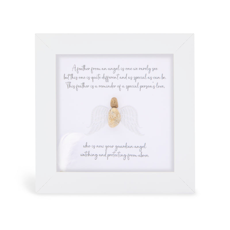 "A Feather from an Angel" guardian angel mini plaque, white frame with a pebble figure and soft white angel wings, heartfelt poem printed above and below