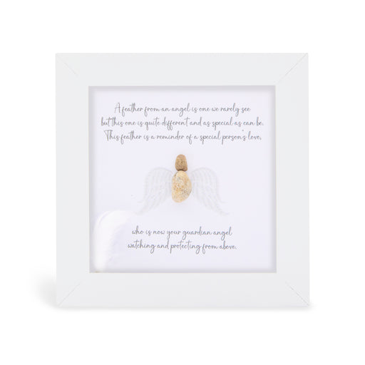 "A Feather from an Angel" guardian angel mini plaque, white frame with a pebble figure and soft white angel wings, heartfelt poem printed above and below