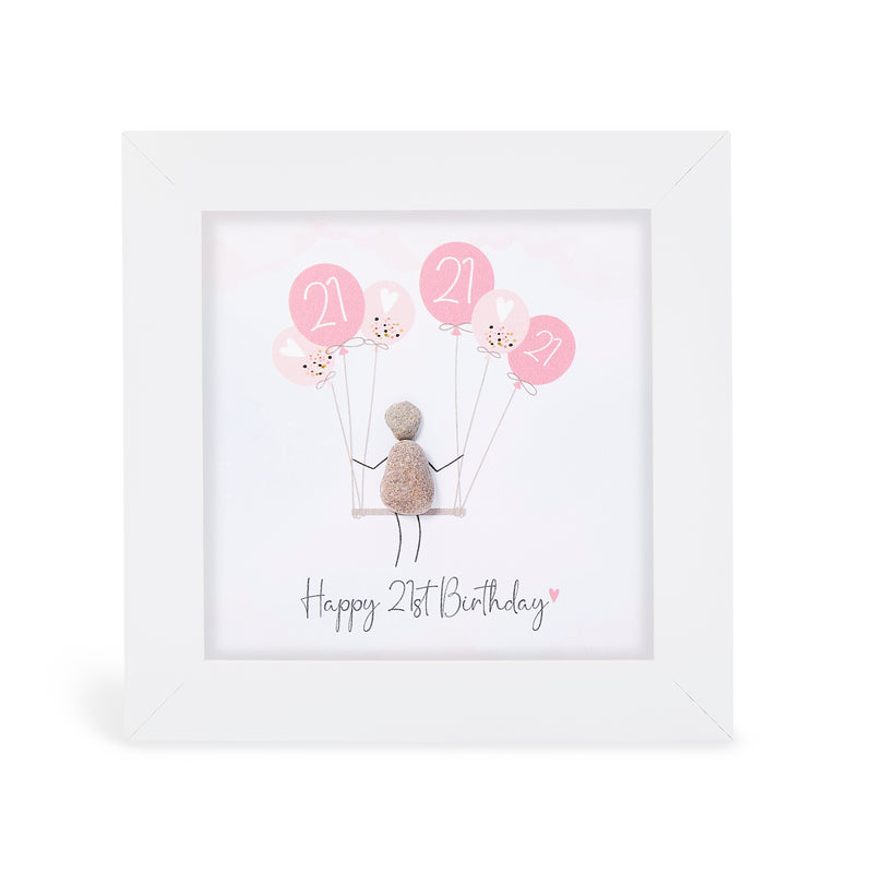 "Happy 21st Birthday" mini plaque, white frame with a pebble figure sitting on a swing holding a bunch of pink balloons