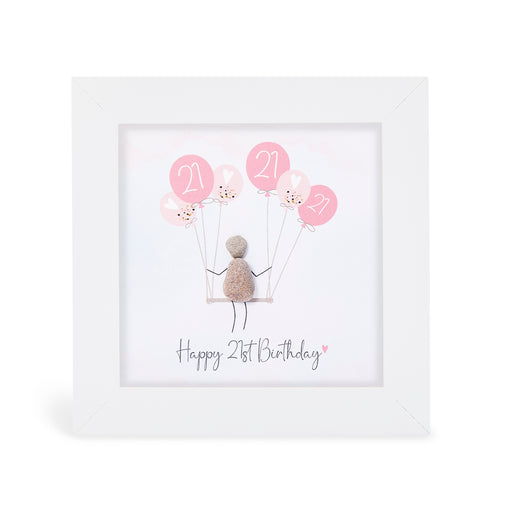 "Happy 21st Birthday" mini plaque, white frame with a pebble figure sitting on a swing holding a bunch of pink balloons