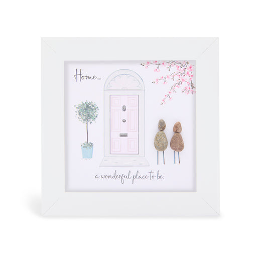 "Home…. a wonderful place to be" mini plaque, white frame with two pebble figures outside a pink front door, potted topiary tree and pink blossom branch