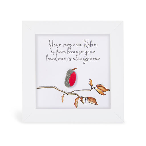 "Your very own Robin is here because your loved one is always near" mini plaque, white frame with a pebble robin with a red breast perched on an illustrated autumn branch with golden leaves