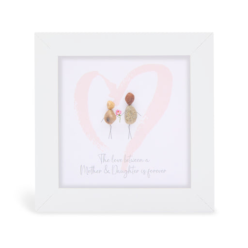 The love between a Mother & Daughter is forever mini plaque, white frame with two pebble figures holding a flower inside a soft pink heart