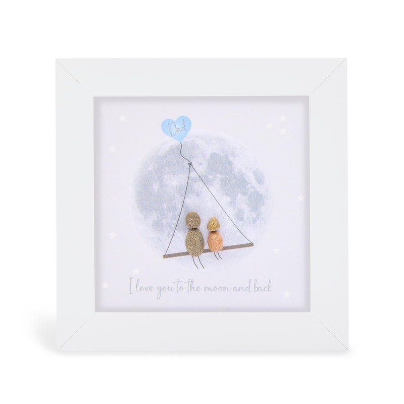 Dad, I love you to the moon and back" mini plaque, white frame with two pebble figures sitting on a swing with a blue heart balloon against a moonlit background