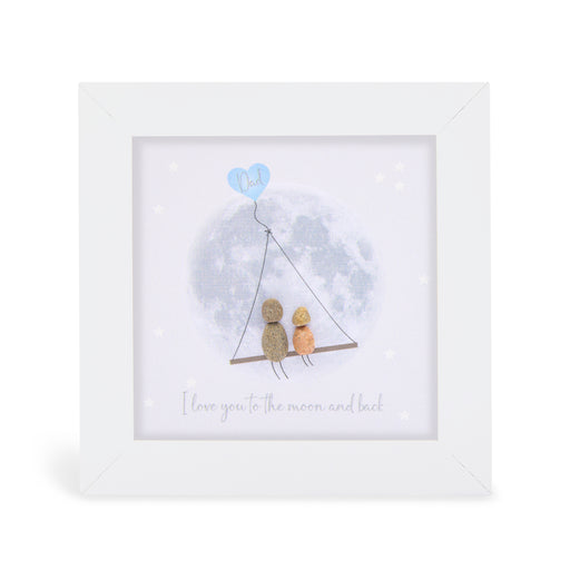 Dad, I love you to the moon and back" mini plaque, white frame with two pebble figures sitting on a swing with a blue heart balloon against a moonlit background