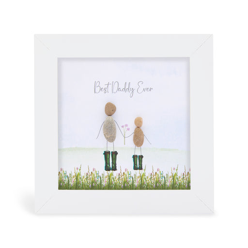 "Best Daddy Ever" mini plaque, white frame with pebble figures of a daddy and child in green wellies holding hands in a wildflower meadow