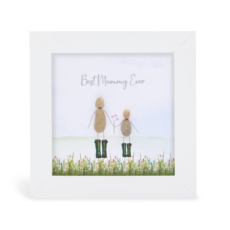 "Best Mummy Ever" mini plaque, white frame with pebble figures of a mummy and child in green wellies holding hands in a wildflower meadow
