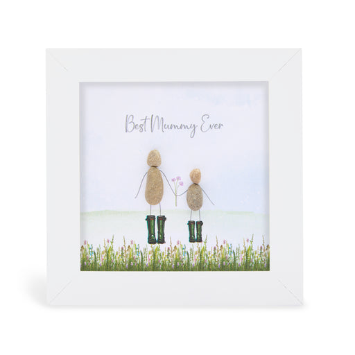 "Best Mummy Ever" mini plaque, white frame with pebble figures of a mummy and child in green wellies holding hands in a wildflower meadow