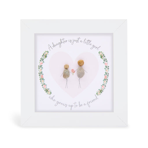 A daughter is just a little girl who grows up to be a friend" mini plaque, white frame with two pebble figures sharing a flower inside a heart shape surrounded by a floral wreath