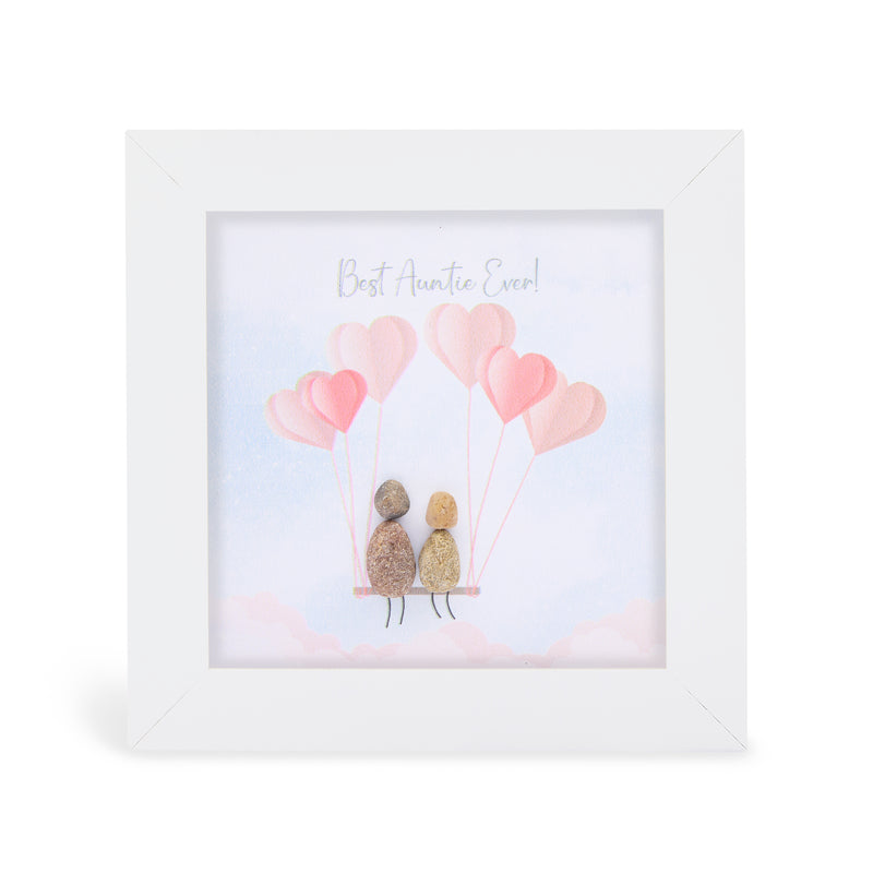 Best Auntie Ever!" mini plaque, white frame with two pebble figures sitting on a swing surrounded by heart-shaped balloons