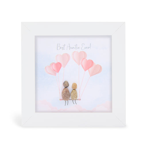 Best Auntie Ever!" mini plaque, white frame with two pebble figures sitting on a swing surrounded by heart-shaped balloons