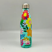 Paper Salad Floral Insulated Drinks Bottle standing upright showing vibrant large-scale floral print on turquoise background with Paper Salad logo and silver lid