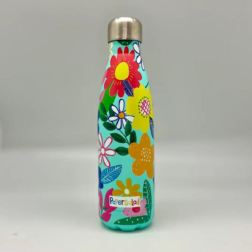 Paper Salad Floral Insulated Drinks Bottle standing upright showing vibrant large-scale floral print on turquoise background with Paper Salad logo and silver lid