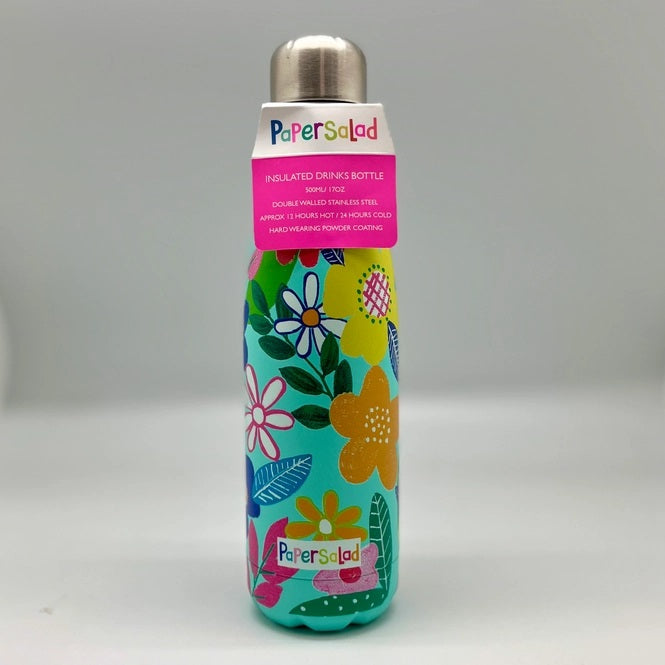 Paper Salad Floral Insulated Drinks Bottle showing product label with insulated drinks bottle, 500ml, double walled stainless steel, 12 hours hot, 24 hours cold and hard wearing powder coating details