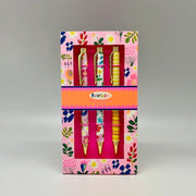 Paper Salad Floral Pen Gift Set standing upright in open floral gift box showing three pens with gold-tone fittings in different bold designs