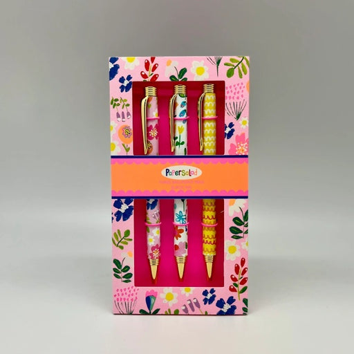 Paper Salad Floral Pen Gift Set standing upright in open floral gift box showing three pens with gold-tone fittings in different bold designs