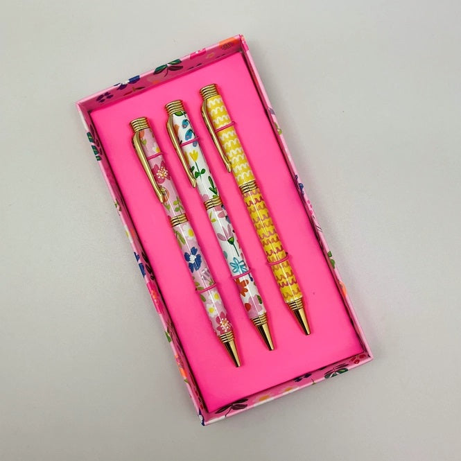 Paper Salad Floral Pen Gift Set flat lay showing open floral gift box with three pens in different bold designs with gold-tone fittings