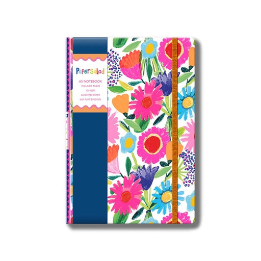 Paper Salad Bold Floral A5 Journal Notebook showing large-scale floral cover on white background with navy spine and orange elastic strap closure