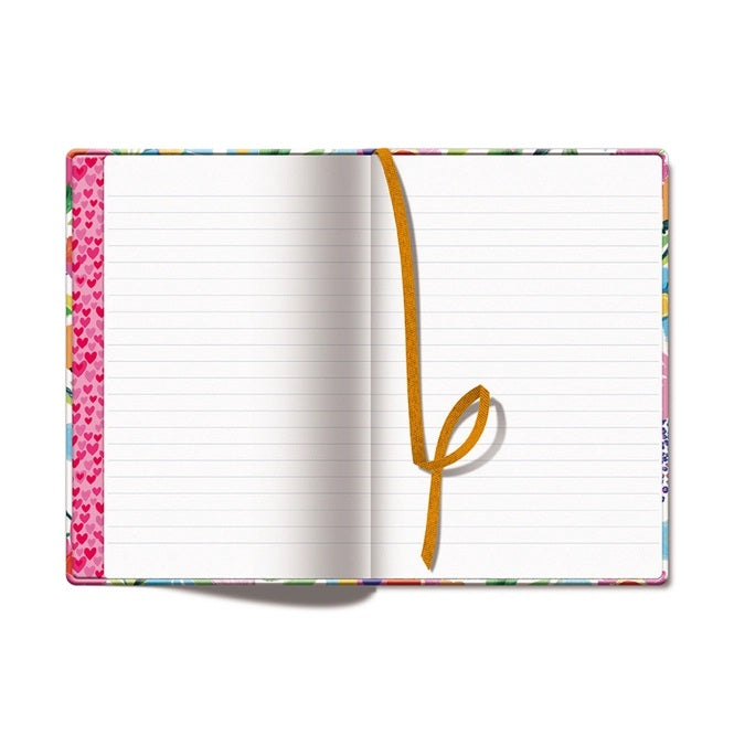 Paper Salad Bold Floral A5 Journal Notebook open showing clean lined pages with ribbon bookmark and hearts-print inner cover