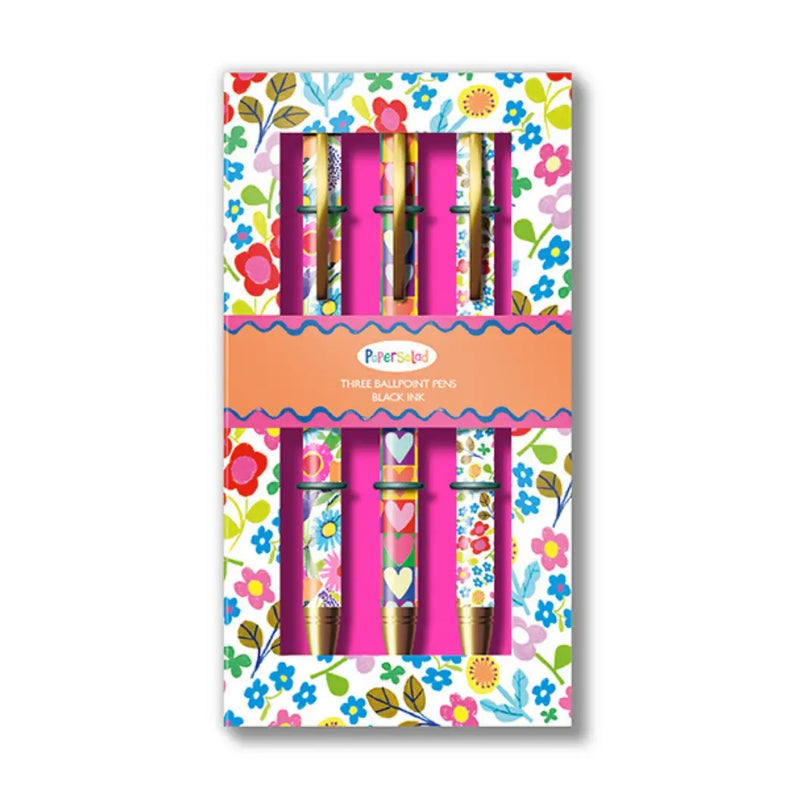 Paper Salad Mixed Print Pen Gift Set showing three pens in bright floral gift box with pink interior and Paper Salad label