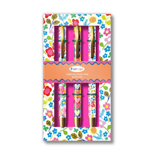 Paper Salad Mixed Print Pen Gift Set showing three pens in bright floral gift box with pink interior and Paper Salad label