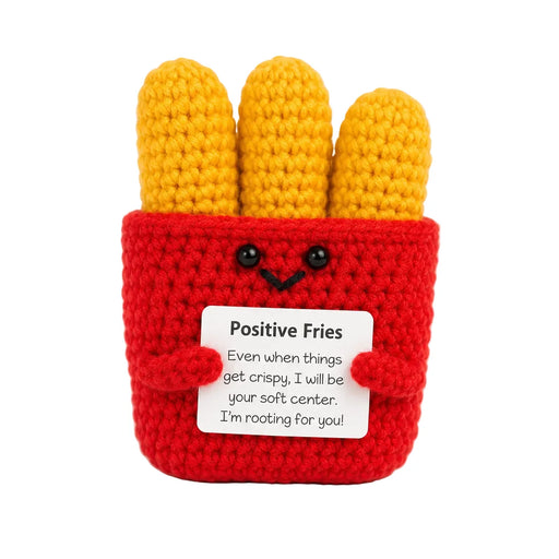 Fries Positive Crochet Gift character with a red carton and golden fries holding an I'm rooting for you message, presented on a white background