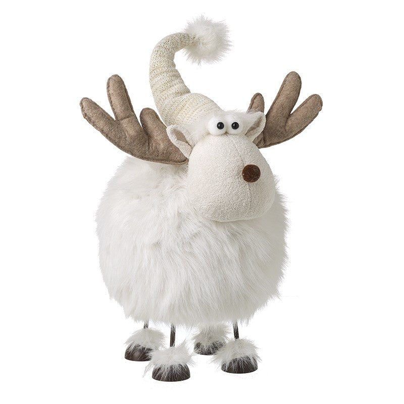 A white fluffy moose decoration with taupe fabric antlers, a knitted cream pompom hat, googly eyes, a brown button nose and fluffy feet on metal legs, on a white background