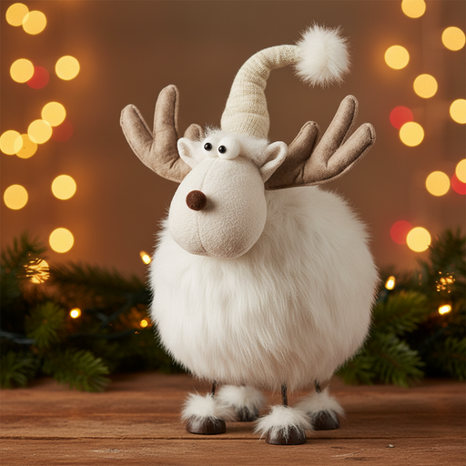 A white fluffy moose decoration with taupe fabric antlers, a knitted cream pompom hat, googly eyes, a brown button nose and fluffy feet on metal legs, displayed against a warm cosy Christmas background with soft bokeh fairy lights