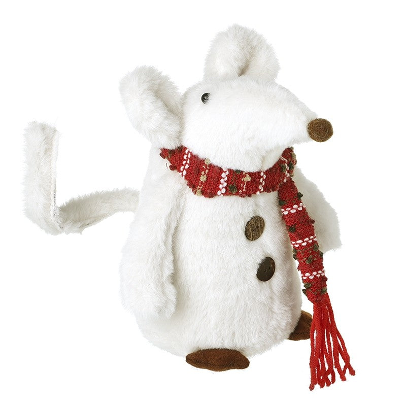 Plump white furry sitting mouse Christmas decoration with red check scarf with tassel ends, brown button nose, brown buttons and dark brown feet, 17 x 13 x 24cm