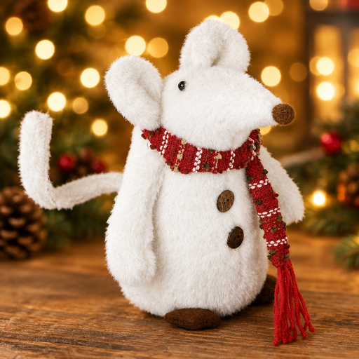 White furry mouse Christmas decoration with red check scarf displayed on a wooden surface with warm golden bokeh fairy lights in the background