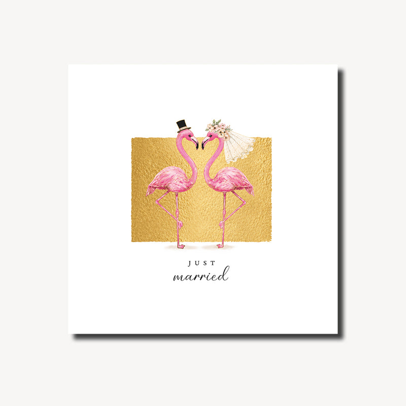 Just married wedding card featuring two flamingos facing each other with their necks forming a heart, one in a top hat and one in a bridal veil, gold foil background, blank inside, square format 155 x 155mm
